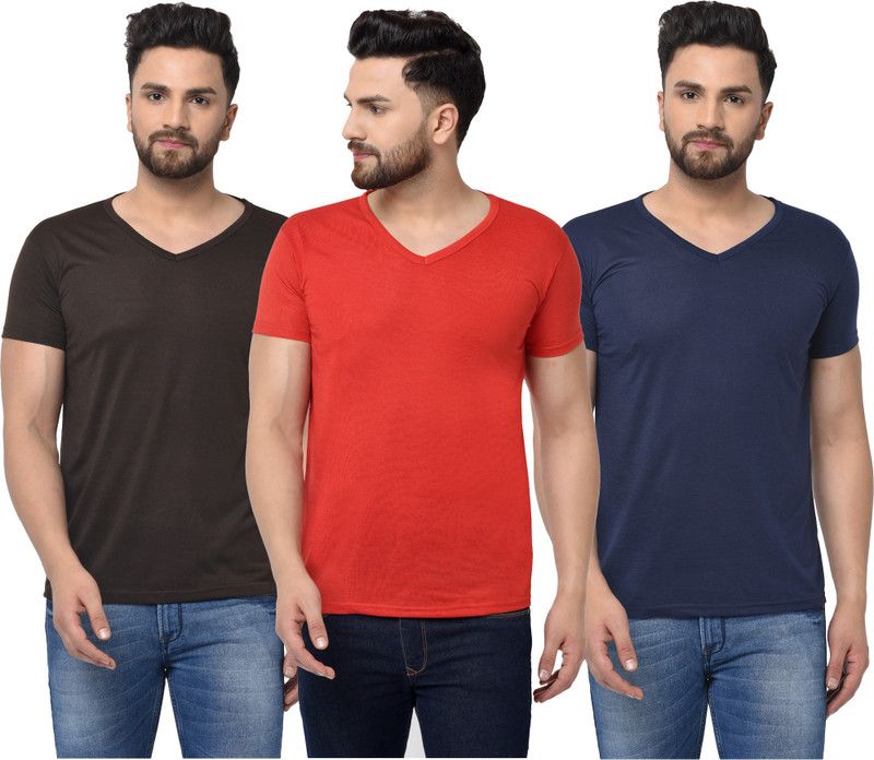 Pack of 3 Men Solid V Neck Cotton Blend Dark Blue, Red, Black T-Shirt