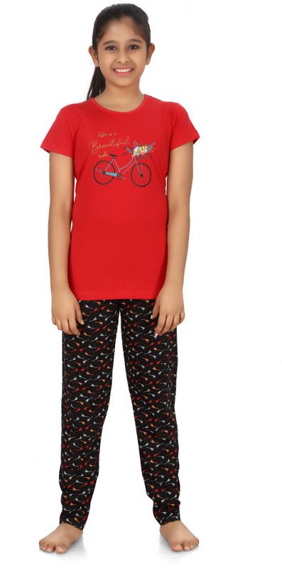 Girls Graphic Print Cotton Blend Kids Nightwear  (Red Pack of 1)