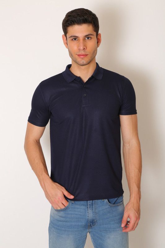 Men Solid Polo Neck Polyester Navy Blue T-Shirt
