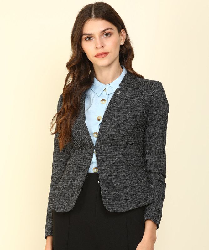 Women Self Design Single Breasted Formal Blazer  (White, Black)