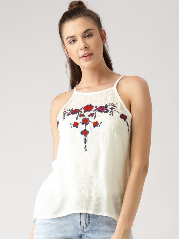 Casual Noodle Straps Embroidered Women White Top
