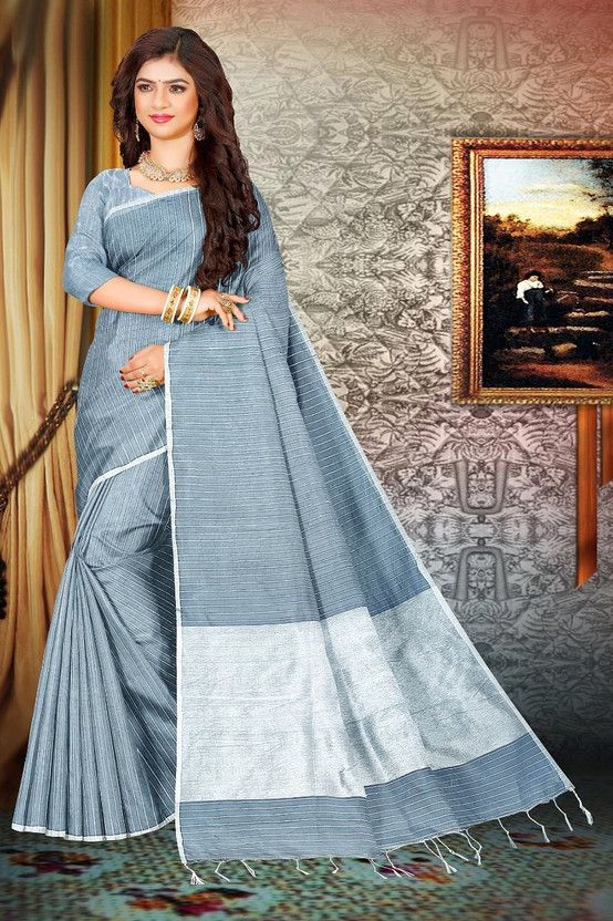 Self Design Handloom Cotton Silk Saree  (Silver)