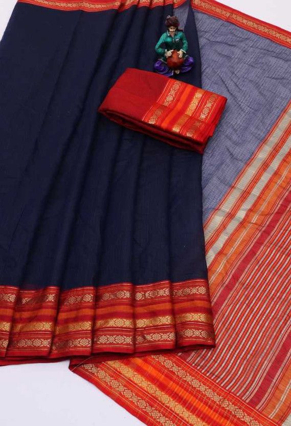 Woven Kota Doria Cotton Blend Saree  (Dark Blue)