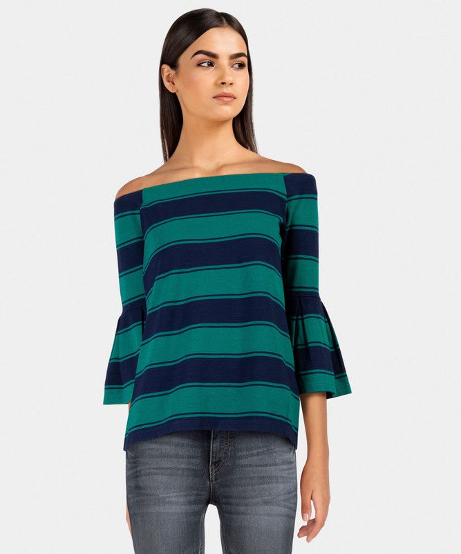 Casual Regular Sleeves Striped Women Green, Blue Top