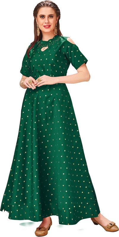 Solid Jacquard Stitched Anarkali Gown  (Green)