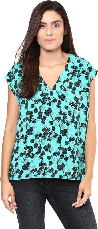 Casual Cap Sleeves Floral Print Women Blue, Black Top
