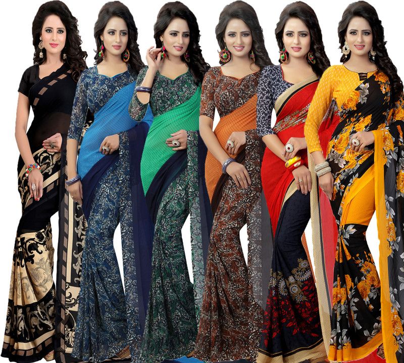 Printed Daily Wear Georgette Saree  (Pack of 6, Red, Green, Blue, Black, Orange, Yellow)