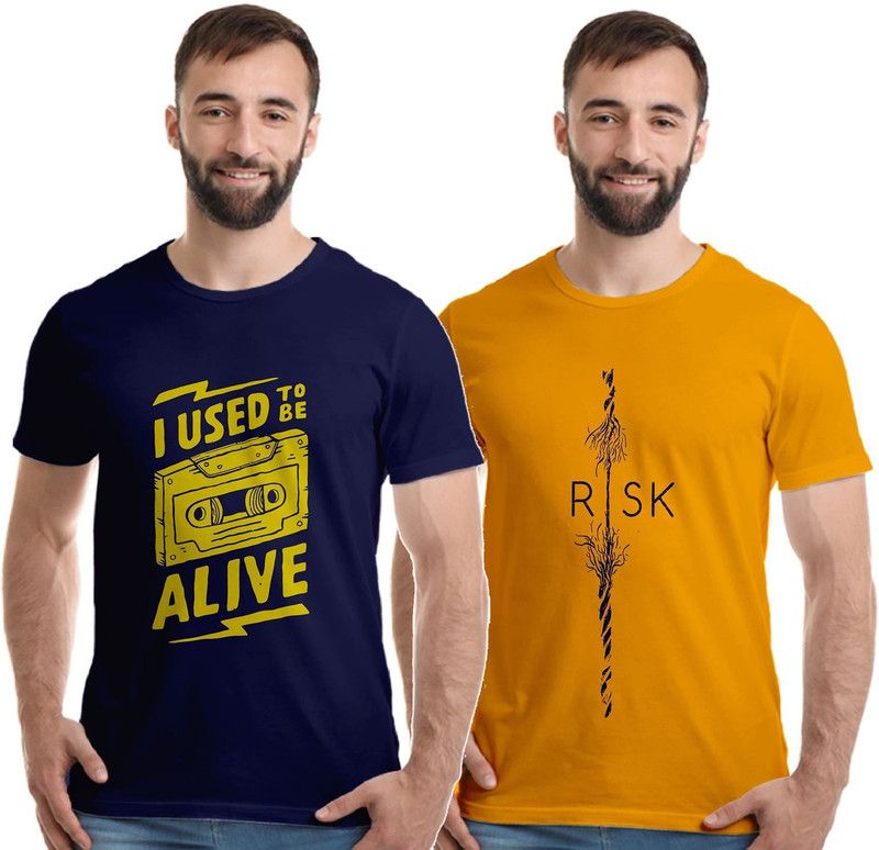 Pack of 2 Men Printed Round Neck Pure Cotton Yellow, Navy Blue T-Shirt
