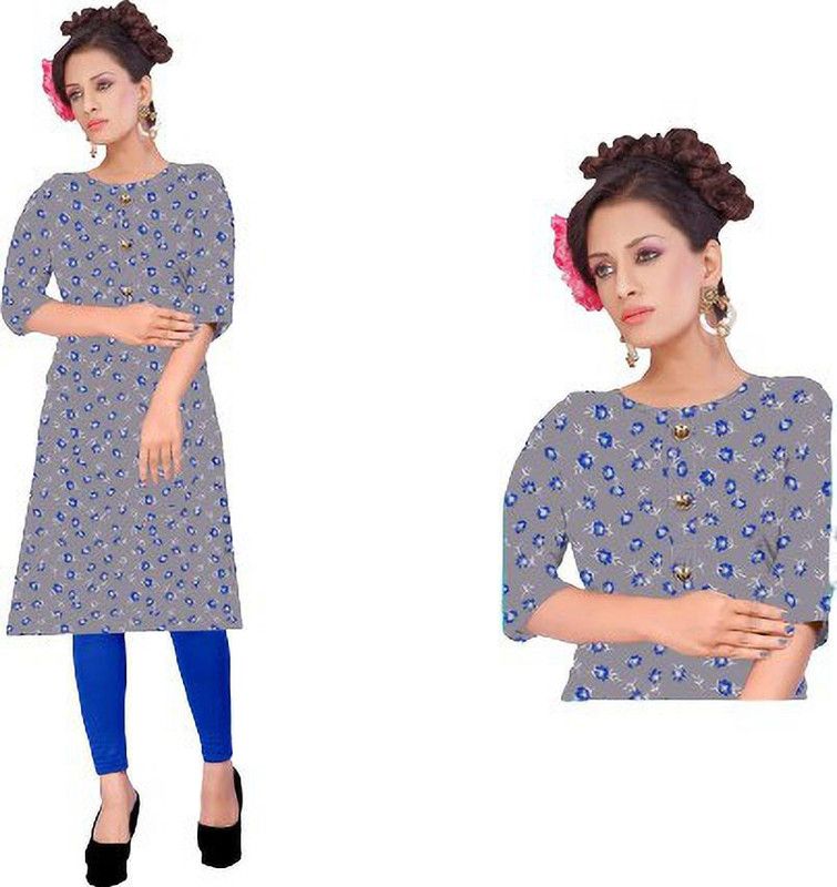 Women Washed Cotton Blend A-line Kurta  (Grey)
