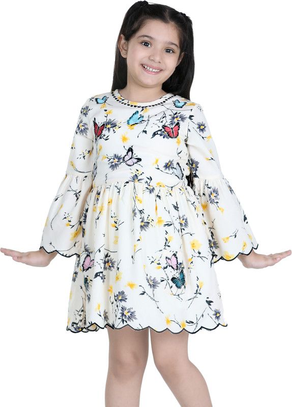 Girls Midi/Knee Length Casual Dress  (White, Full Sleeve)