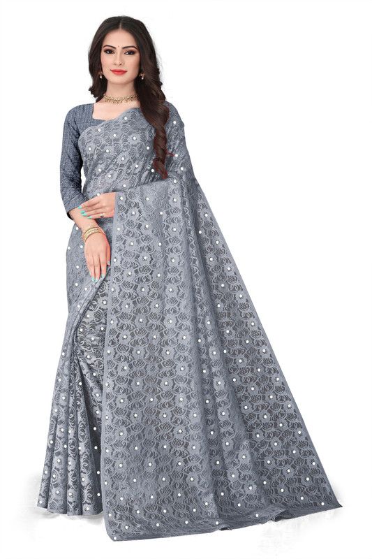 Printed Bollywood Net Saree  (Grey)