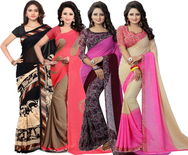 Printed Daily Wear Georgette Saree  (Pack of 4, Purple, Red, Black, Pink)