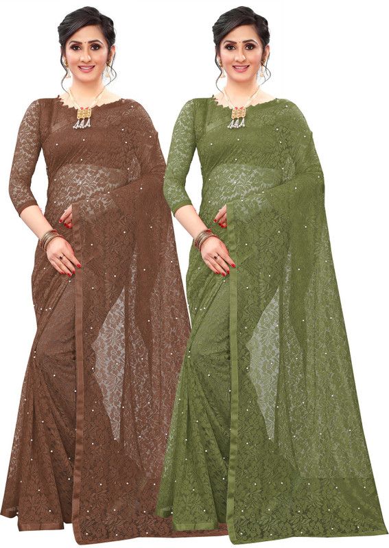Self Design Bollywood Net Saree  (Pack of 2, Green, Brown)