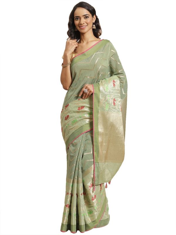 Floral Print Banarasi Viscose Rayon Saree  (Green)