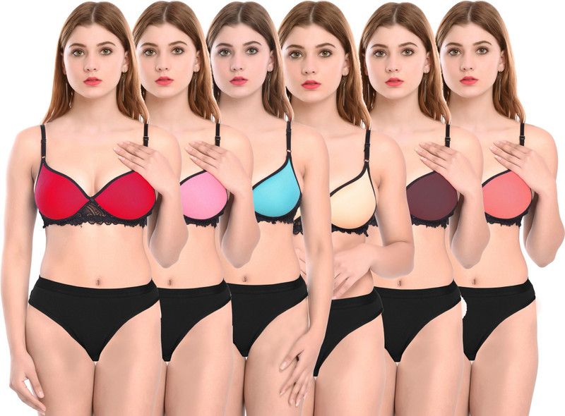 Bra & Panty Set Self Design Red, Orange, Maroon, Pink, Blue, Gold Lingerie Set