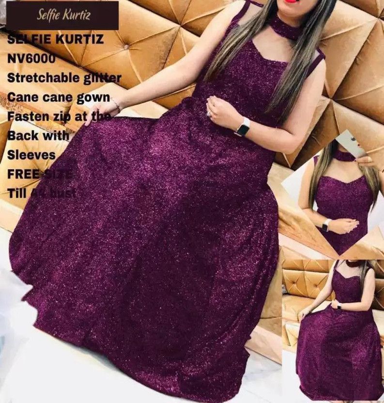 Self Design Chiffon Stitched Flared/A-line Gown  (Purple)