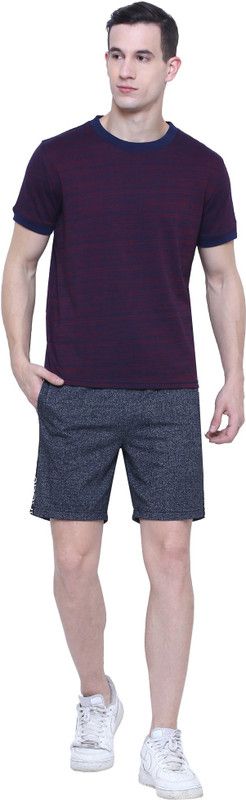 Aazing London Men Self Design Round Neck Cotton Blend Dark Blue, Maroon T-Shirt