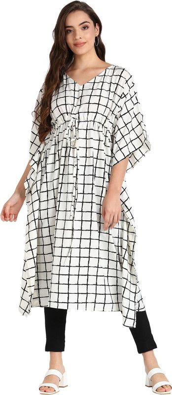 Women Checkered Crepe Kaftan Kurta  (White)