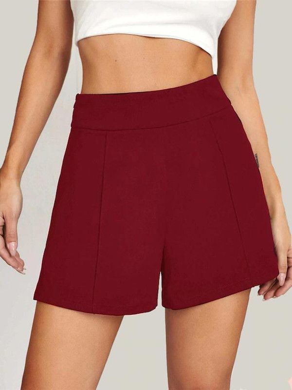 Solid Women Maroon High Waist Shorts