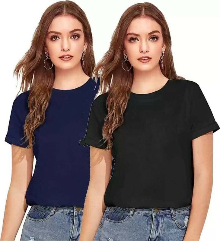 Pack of 2 Women Solid Round Neck Cotton Blend Blue, Black T-Shirt