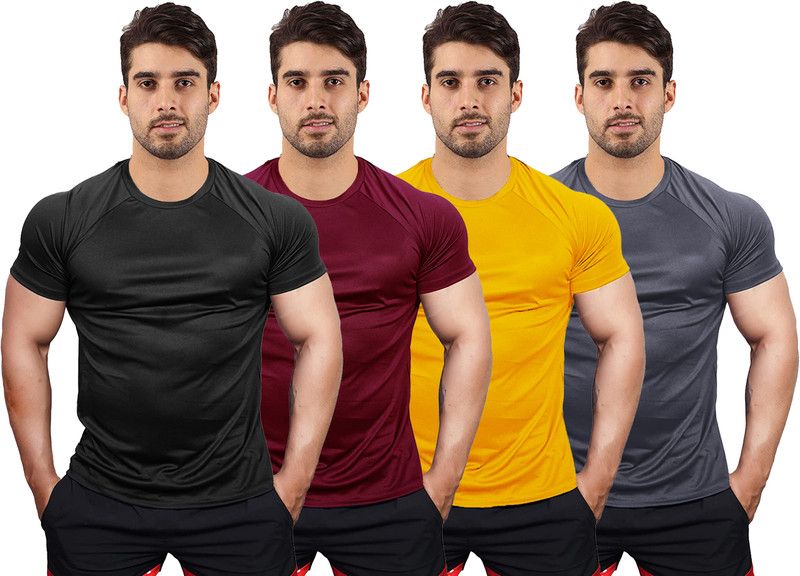 Pack of 4 Men Solid Round Neck Polyester Black, Maroon, Yellow, Grey T-Shirt
