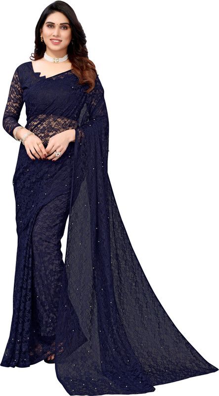 Embellished Bollywood Net, Brasso Saree  (Dark Blue)