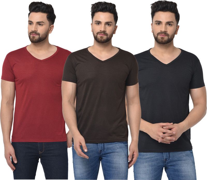 Pack of 3 V Neck T-Shirt Combo of 3 Men Solid V Neck Cotton Blend Maroon, Brown, Black T-Shirt