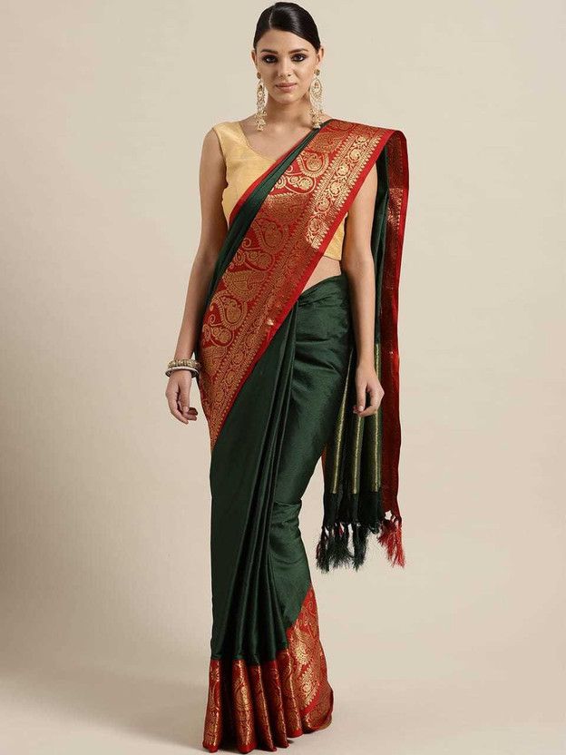 Woven Dharmavaram Jacquard, Cotton Silk Saree  (Gold, Cream)