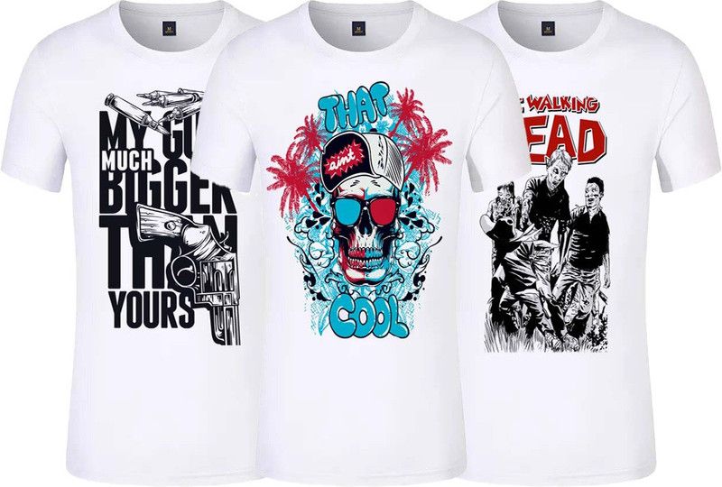 Pack of 3 Men Printed Crew Neck Polyester White T-Shirt