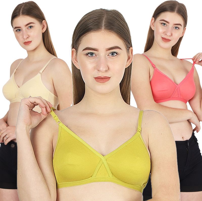 Pack of 3 Women Full Coverage Non Padded Bra  (Green, Orange, Beige)