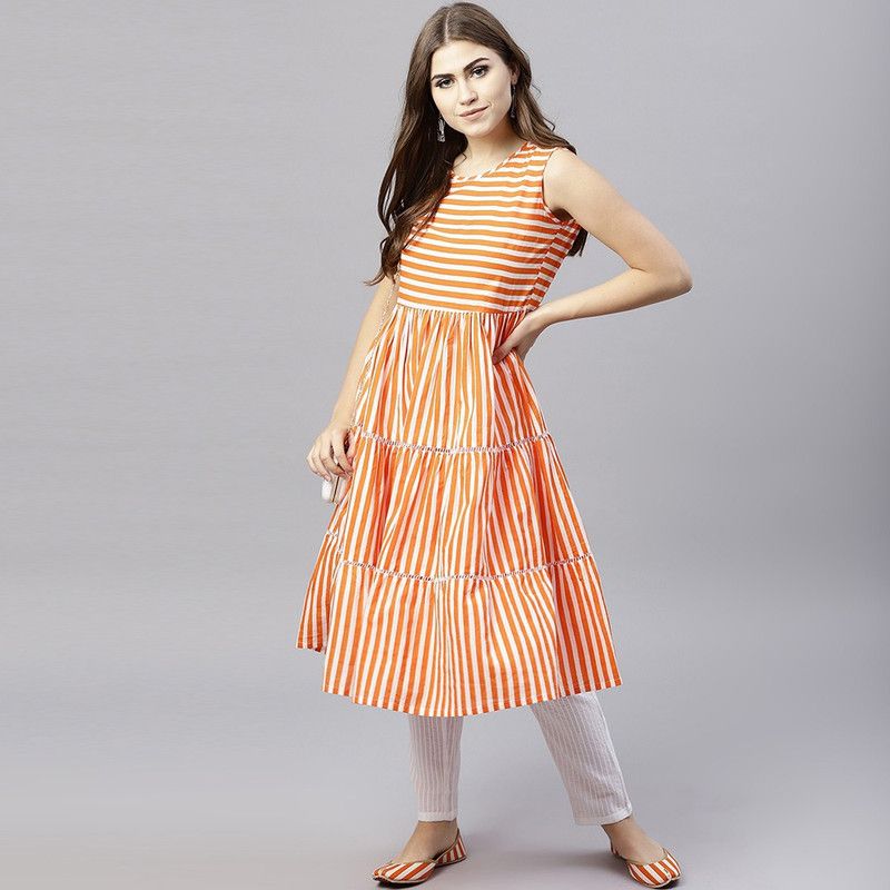 Women Striped Cotton Blend Flared Kurta  (Orange)