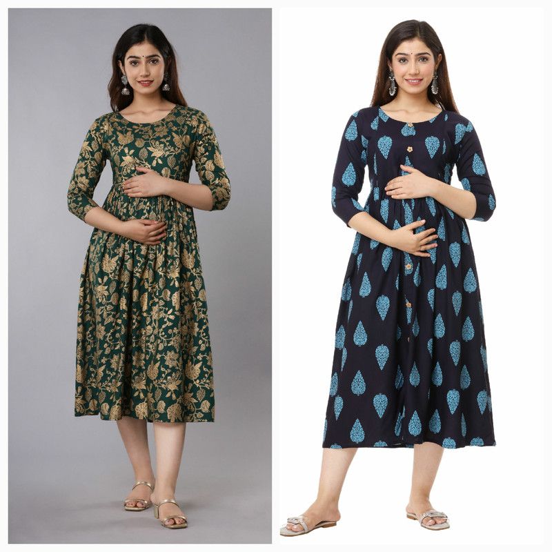Pack of 2 Women Printed Cotton Rayon Flared Kurta  (Blue, Green)
