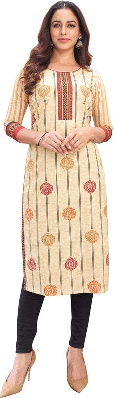 Women Printed, Striped Pure Cotton Straight Kurta  (Beige)