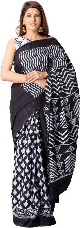 Printed, Self Design, Digital Print, Hand Painted, Blocked Printed Ikkat Pure Cotton Saree  (Black)