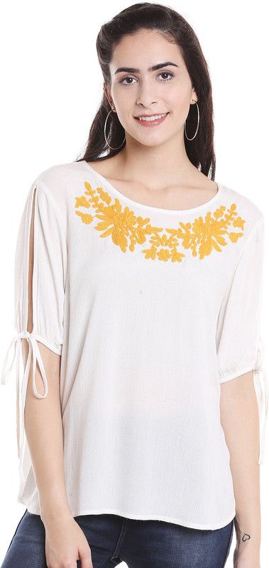 Casual Slit Sleeves Embroidered Women White Top