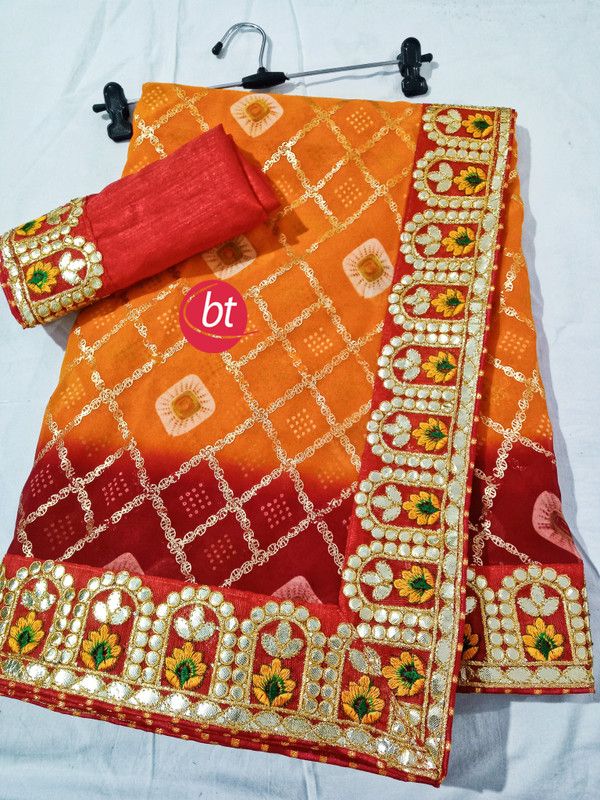 Printed Bandhani Georgette Saree  (Red, Orange)