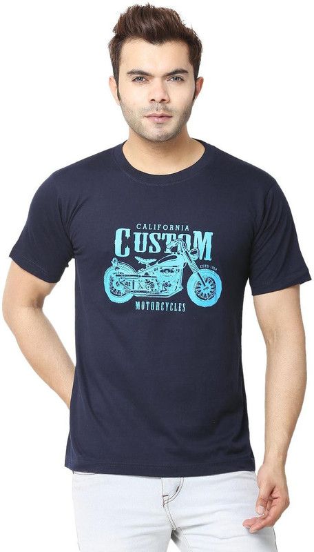 HNM-18-12-06 Men Graphic Print Round Neck Cotton Blend Dark Blue T-Shirt
