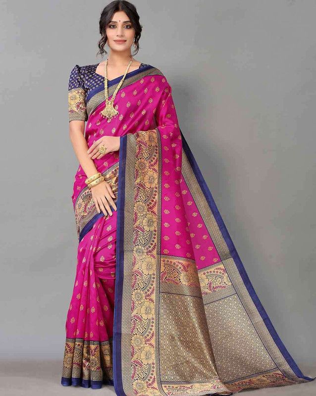 Digital Print, Floral Print, Woven Banarasi Pure Silk Saree  (Pink, Dark Blue, Gold)
