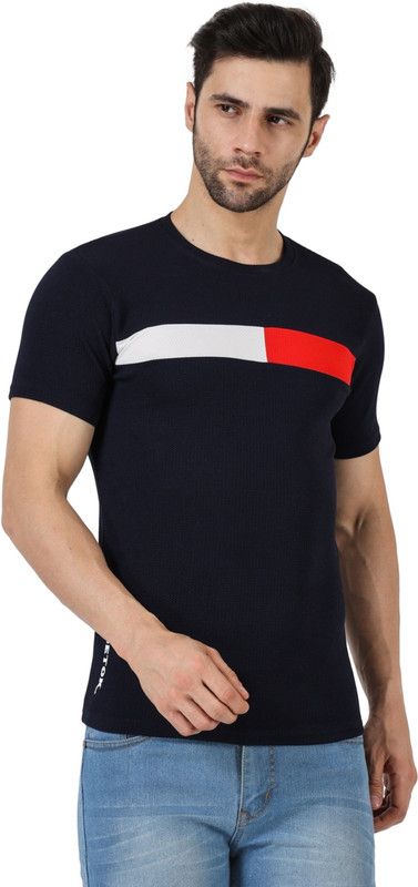 Men Colorblock Round Neck Poly Cotton Blue T-Shirt