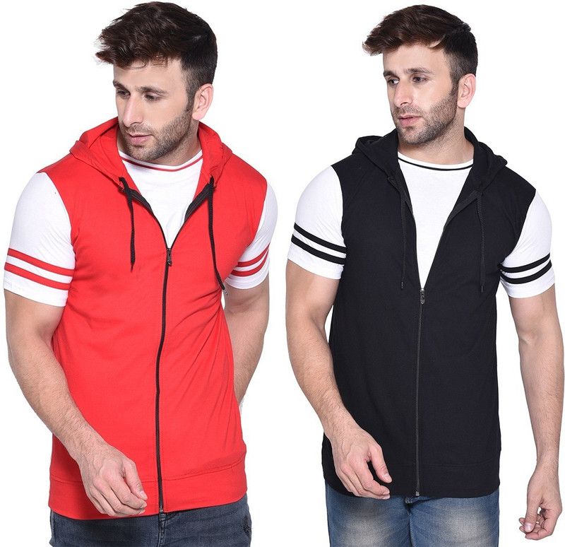 Pack of 2 Men Colorblock Hooded Neck Cotton Blend Red, Black T-Shirt