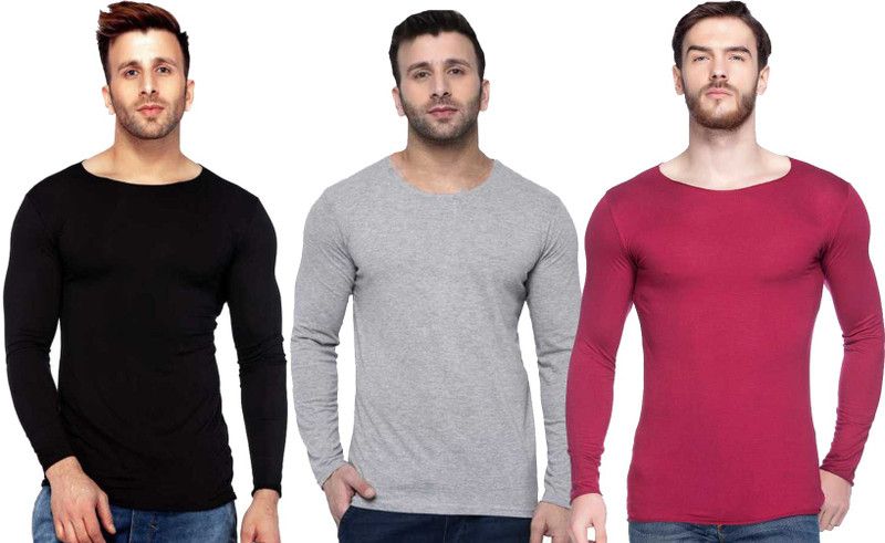 Men Self Design, Solid Round Neck Cotton Blend Multicolor T-Shirt