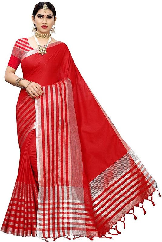 Striped Fashion Cotton Blend Saree  (Red)