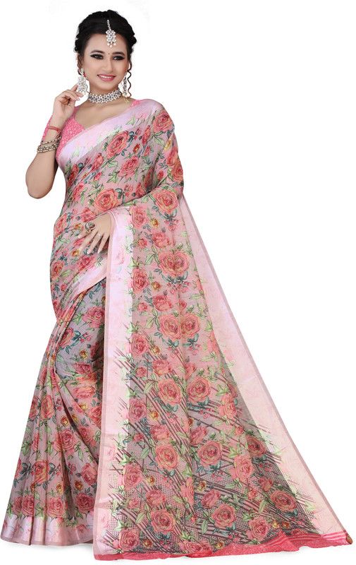 Floral Print Bollywood Cotton Blend, Satin Saree  (Pink)