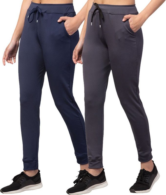 Pack of 2 Women Solid Blue, Grey Track Pants