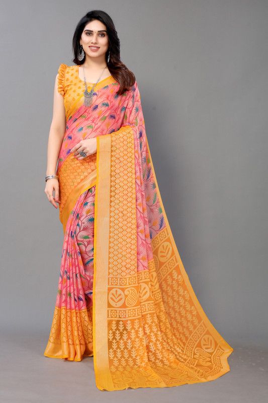 Fashion Chiffon, Brasso Saree  (Pink, Yellow)