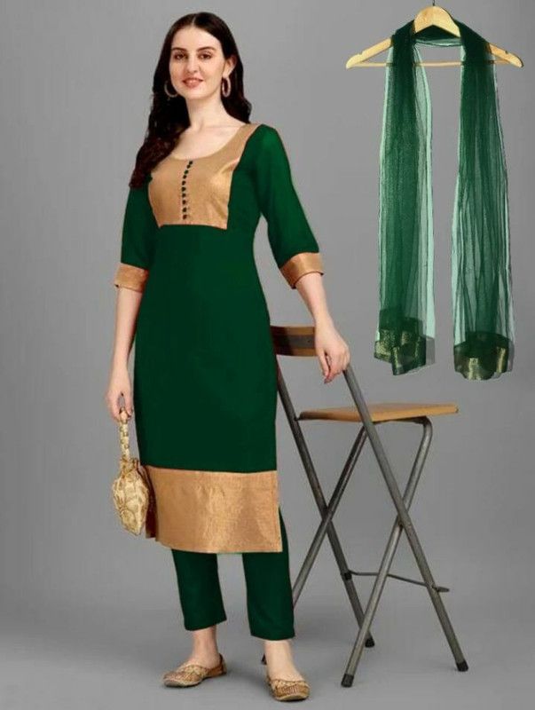 Women Solid Viscose Rayon A-line Kurta With Attached Dupatta  (Green)