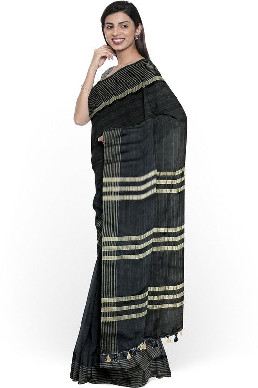 Checkered Bandhani Cotton Blend Saree  (Black)