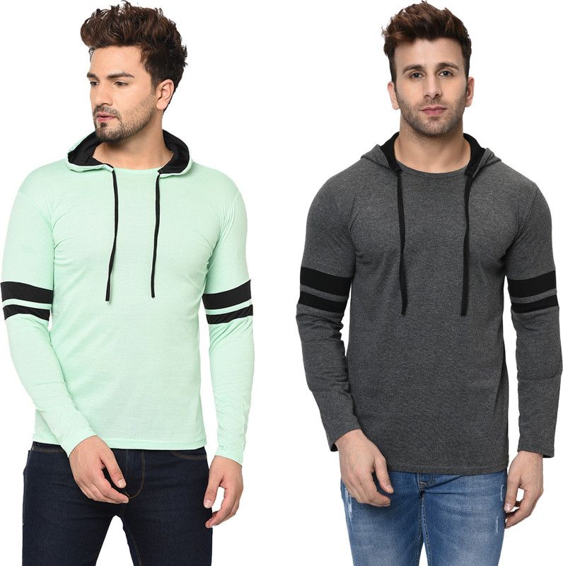Pack of 2 Double Hood Combo Men Solid Hooded Neck Cotton Blend Grey, Light Green T-Shirt