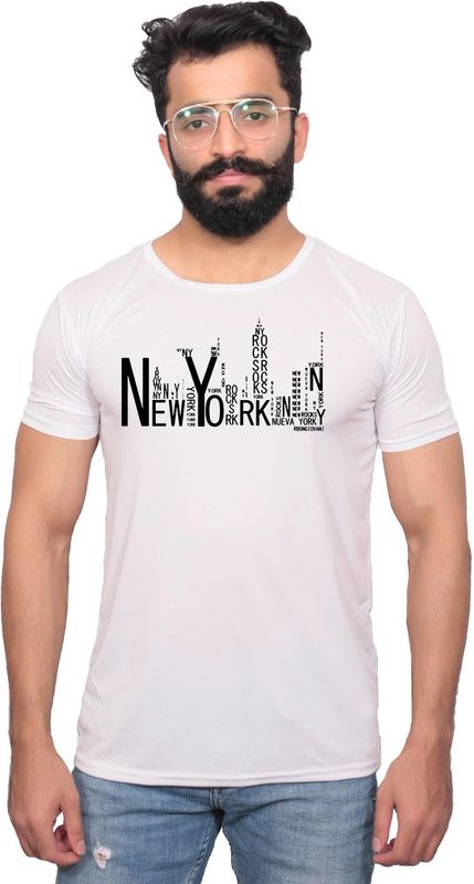 GLX-1701106 -M Men Graphic Print Round Neck Polyester White T-Shirt