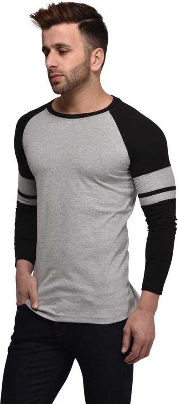 Solid Men's Full Sleeve Multi-Colored T-Shirt Fully Cotton Blend T-Shirts - Grey & Black Men Printed Round Neck Cotton Blend Grey T-Shirt